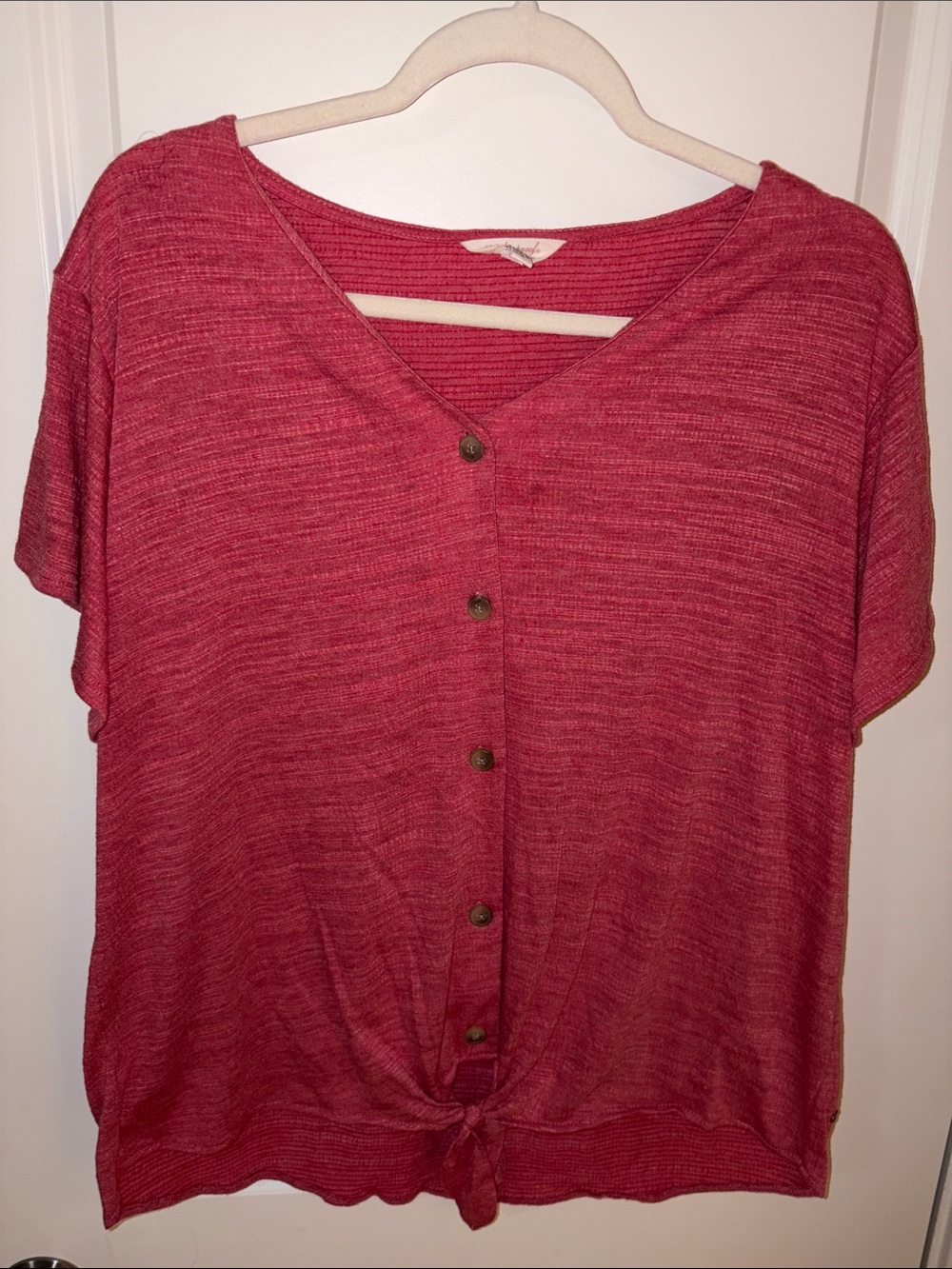 Women’s Coral V‑Neck Button‑Front Tie Hem Blouse